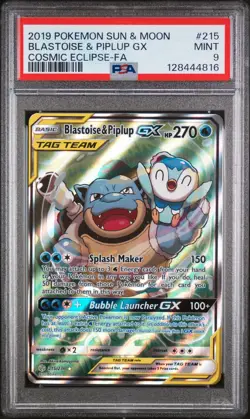 Pokemon 2019 SM Cosmic Eclipse Blastoise Piplup Tag Team GX #215/236 PSA 9 - Image 1