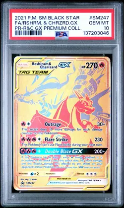 2021 POKEMON PREMIUM COLLECTION #SM247 FULL ART/RESHIRAM & CHARIZARD GX PSA 10 - Image 1
