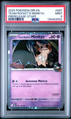 2025 POKEMON DRI EN-DESTINED RIVALS PRERELEASE-STAFF TEAM ROCKET'S MIMIKYU PSA 9 - Image 1