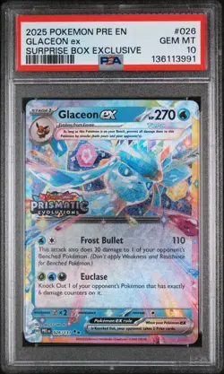 Pokemon 2025 Prismatic Evolutions Surprise Box Glaceon ex Stamped 026/131 PSA 10 - Image 1