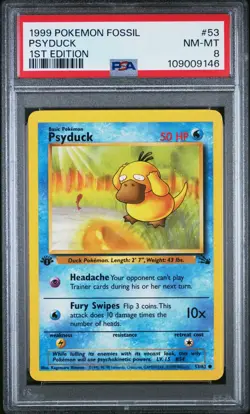Pokemon Card Psyduck 53/62 1st Edition Fossil Set 1999 PSA 8 NM-MT - Image 1