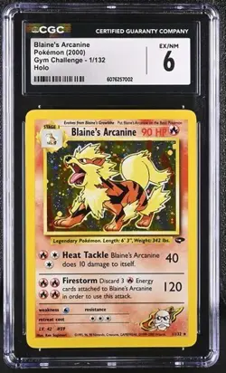 Pokemon CGC 6 Blaine's Arcanine 1/132 Holo Rare Gym Challenge Pokemon Card - Image 1