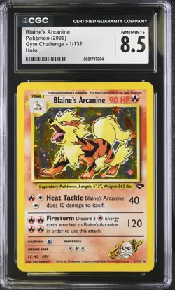 CGC 8.5 Pokemon Blaine's Arcanine 1/132 2000 Gym Challenge Unlimited Rare Holo - Image 1