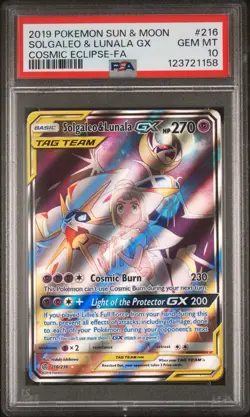 2019 POKEMON SUN & MOON COSMIC ECLIPSE #216 FULL ART/SOLGALEO & LUNALA GX PSA 10 - Image 1
