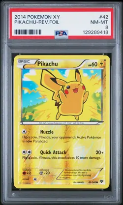 2014 POKEMON XY #42 PIKACHU-REVERSE FOIL PSA 8 - Image 1