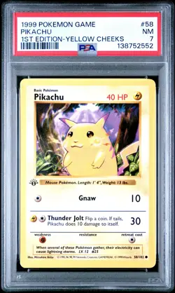 1999 POKEMON BASE SET 1ST EDITION-YELLOW CHEEKS #58 PIKACHU PSA 7 - Image 1