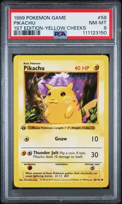 1999 POKEMON BASE SET 1ST EDITION-YELLOW CHEEKS #58 PIKACHU PSA 8 - Image 1