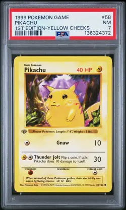 1999 POKEMON BASE SET 1ST EDITION-YELLOW CHEEKS #58 PIKACHU PSA 7 - Image 1