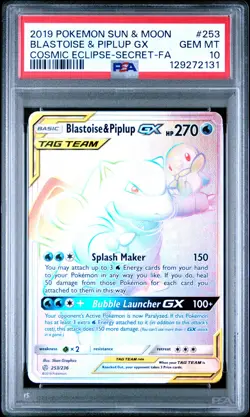 2019 POKEMON SUN & MOON COSMIC ECLIPSE FULL ART/BLASTOISE & PIPLUP GX PSA 10 - Image 1