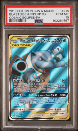 2019 POKEMON SUN & MOON COSMIC ECLIPSE FULL ART/BLASTOISE & PIPLUP GX PSA 10 - Image 1