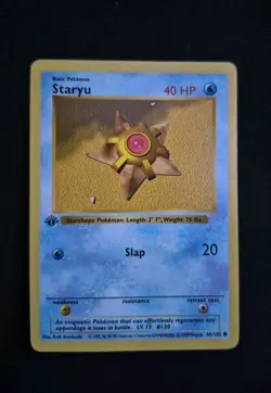 1st Edition Shadowless Staryu 65/102 Base Set Pokemon Card WOTC 1999 LP/MP - Image 1