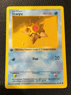 1999 1st Edition Shadowless Staryu 65/102 Vintage Base Set Pokemon WOTC - Image 1