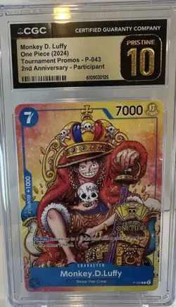 CGC 10 Pristine Monkey D. Luffy P-043 2nd Anniversary Tournament Promo One Piece - Image 1