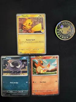 Pokemon Day 2026 Pikachu Cosmos Holo Promo/Coin & Charmander/Gastly Cosmos Holos - Image 1