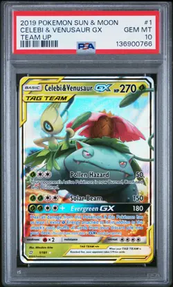 2019 POKEMON SUN & MOON TEAM UP #1 CELEBI & VENUSAUR GX PSA 10 - Image 1
