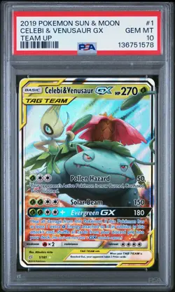 2019 POKEMON SUN & MOON TEAM UP #1 CELEBI & VENUSAUR GX PSA 10 - Image 1