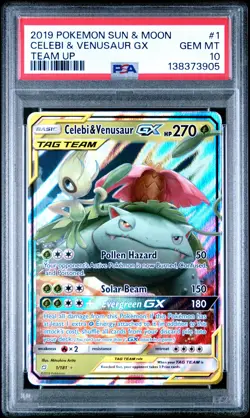 2019 POKEMON SUN & MOON TEAM UP CELEBI & VENUSAUR GX 1/181 - PSA 10 - Image 1