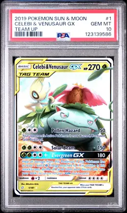 2019 POKEMON SUN & MOON TEAM UP #1 CELEBI & VENUSAUR GX PSA 10 - Image 1