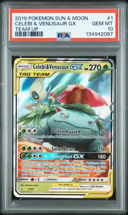 2019 POKEMON SUN & MOON TEAM UP #1 CELEBI & VENUSAUR GX PSA 10 - Image 1