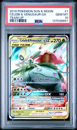 2019 POKEMON SUN & MOON TEAM UP #1 CELEBI & VENUSAUR GX PSA 10 - Image 1