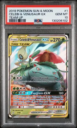 2019 POKEMON SUN & MOON TEAM UP #1 CELEBI & VENUSAUR GX PSA 10 - Image 1