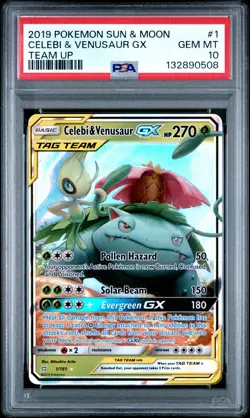 2019 POKEMON SUN & MOON TEAM UP #1 CELEBI & VENUSAUR GX PSA 10 - Image 1