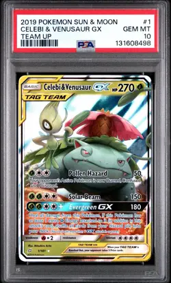 2019 POKEMON SUN & MOON TEAM UP #1/181 CELEBI & VENUSAUR GX TAG TEAM PSA 10 - Image 1