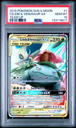 2019 POKEMON SUN & MOON TEAM UP #1 CELEBI & VENUSAUR GX PSA 10 - Image 1