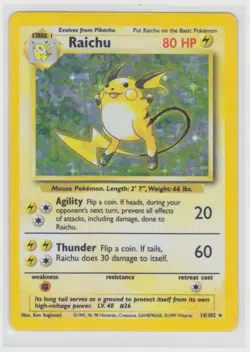 Pokemon TCG Raichu Holo Unlimited Rare Card 14/102 Base Set WOTC LP Condition - Image 1