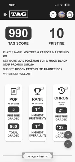 TAG 10 - Moltres & Zapdos & Articuno GX SM210 Hidden Fates ETB Promo Pokemon TCG - Image 3