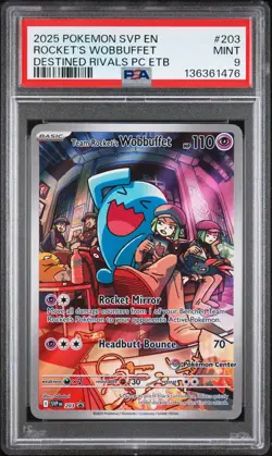 2025 POKEMON DESTINED RIVALS POKEMON CENTER ETB TEAM ROCKET'S WOBBUFFET PSA 9 - Image 1