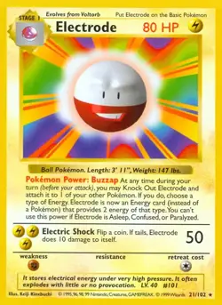 Electrode - 21/102 - Pokemon Base Set Shadowless Rare Card WOTC NM - Image 1
