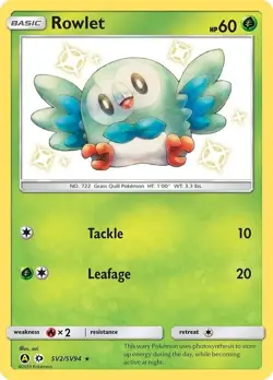 Rowlet - SV2/SV94 - Pokemon Hidden Fates Sun & Moon Shiny Rare Card NM - Image 1