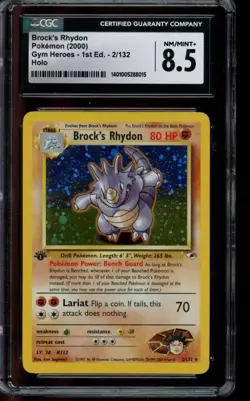 CGC 8.5 NM/MINT+ Pokemon Brock’s Rhydon Gym Heroes 1st Edition Holo 2/132 - Image 1