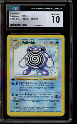 CGC 10 GEM MINT Pokemon Poliwhirl Base Set 1st Edition 38/102 - Image 1