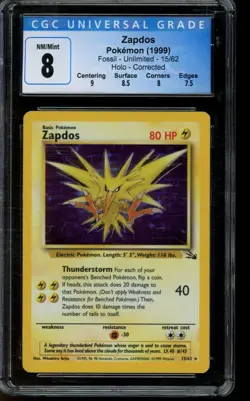 CGC 8 NM/MINT Pokemon Zapdos Fossil Unlimited Holo 15/62 - Image 1