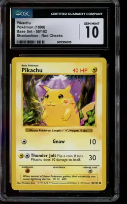 CGC 10 GEM MINT Pokemon Pikachu Red Cheeks Shadowless 1999 Base Set Card 58/102 - Image 1