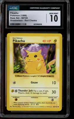 CGC 10 GEM MINT Pokemon Pikachu Base Set Shadowless Red Cheeks 58/102 - Image 1