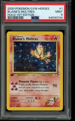 PSA 9 MINT Pokemon Blaine’s Moltres Gym Heroes Holo 1st Edition 1/132 - Image 1