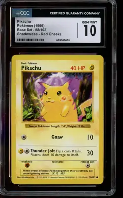 CGC 10 GEM MINT Pokemon Pikachu Base Set Shadowless Red Cheeks 58/102 - Image 1