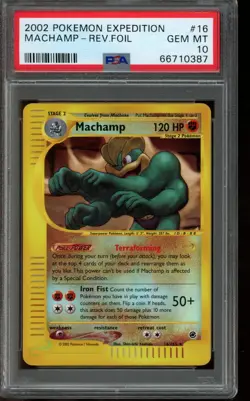 PSA 10 GEM MINT Pokemon Machamp Expedition Reverse Holo #16 2002 - Image 1