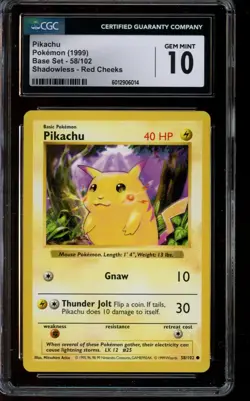 CGC 10 GEM MINT Pokemon Pikachu Red Cheeks Shadowless 1999 Base Set Card 58/102 - Image 1