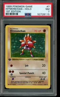 PSA 7 NM Pokemon Hitmonchan 1st Edition Shadowless Base Set Holo #7 1999 - Image 1