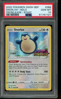 PSA 10 GEM MINT Pokemon Snorlax Vivid Voltage Prerelease Staff Holo SWSH068 - Image 1