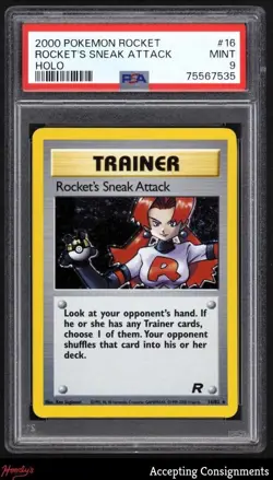 2000 Pokemon Team Rocket Unlimited #16 Rocket's Sneak Attack HOLO R PSA 9 MINT - Image 1