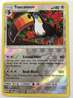POKEMON TOUCANNON 108/149 SUN & MOON BASE SET RARE REVERSE HOLO NEAR MINT - Image 1