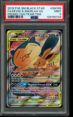 PSA 9 MINT Pokemon Eevee and Snorlax GX Black Star Promos Full Art SM169 - Image 1