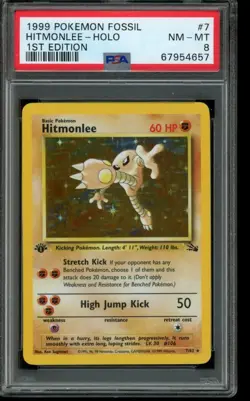 PSA 8 NM-MT Pokemon Hitmonlee Fossil 1st Edition Holo 7/62 - Image 1