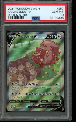 PSA 10 GEM MINT Pokemon Greedent V Fusion Strike Full Art 257/264 - Image 1