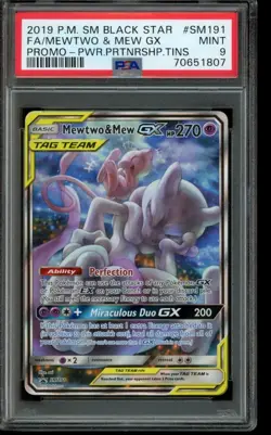 PSA 9 MINT Pokemon Mewtwo and Mew GX SM Black Star Promo Full Art SM191 - Image 1